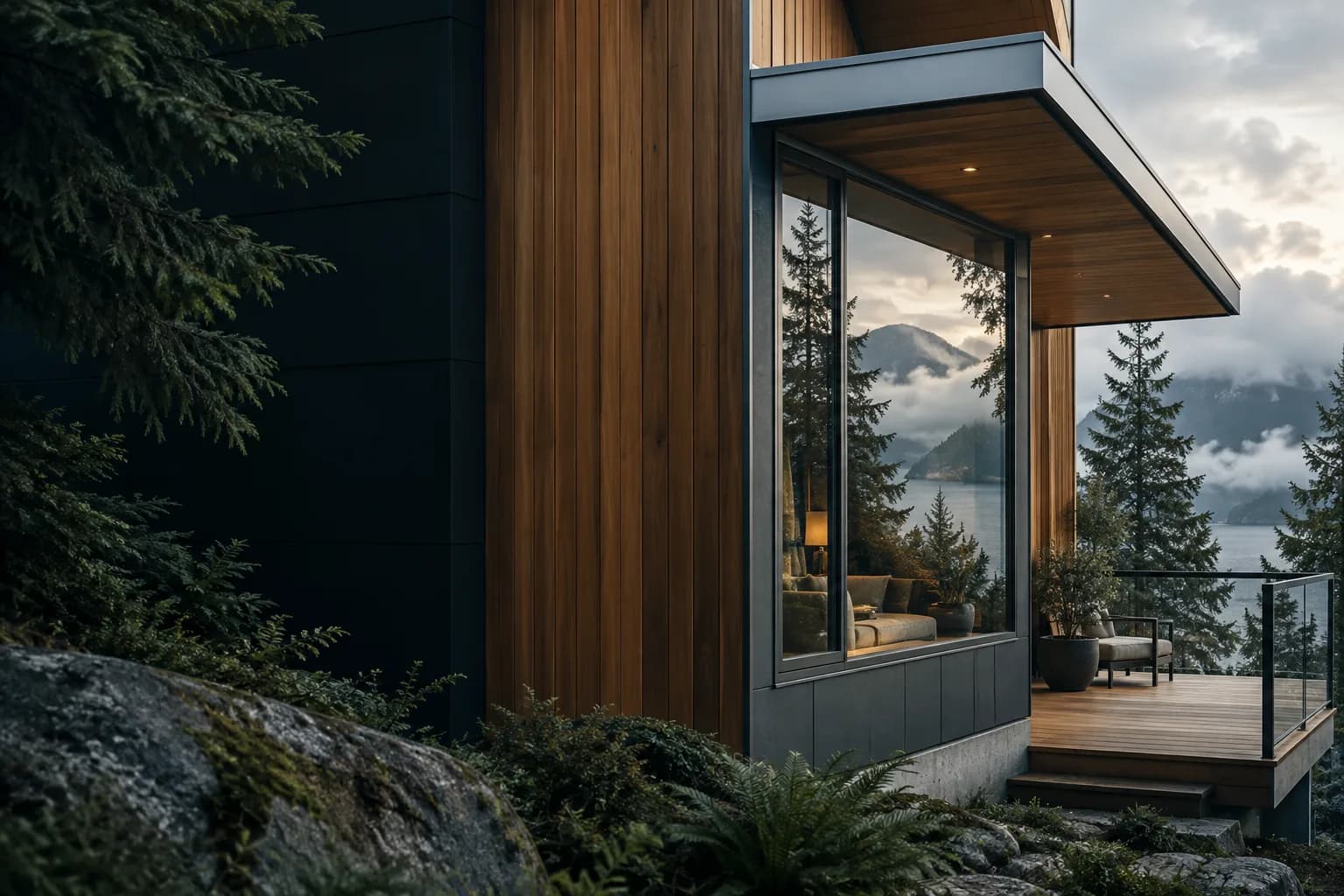 Illustrative Pacific Northwest home with cedar cladding, precise trim and a forest outlook